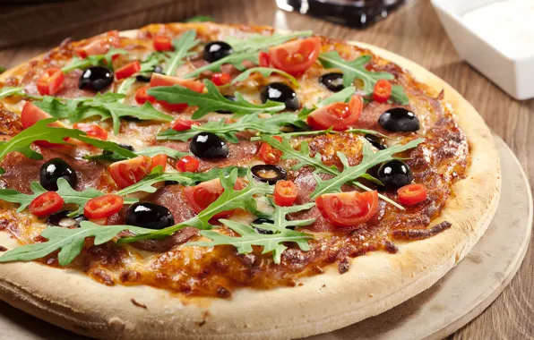 Сыр, пицца, помидоры, оливки, колбаса, выпечка, pizza, cheese