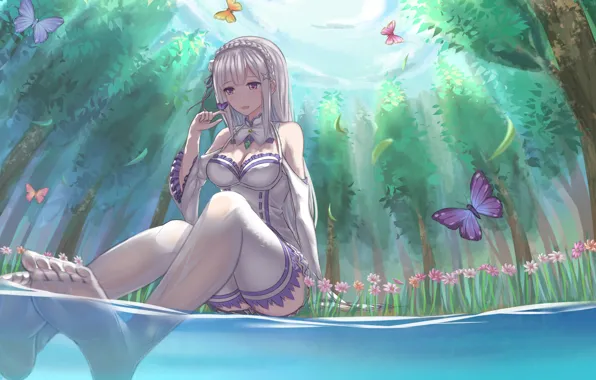 Лес, вода, девушка, бабочки, эльф, anime, art, Emilia