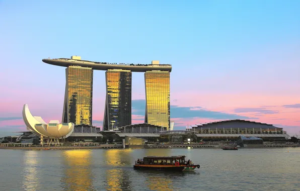 Небо, катер, канал, Сингапур, отель, Singapore, Marina Bay Sands