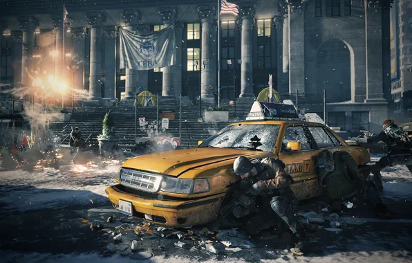 Картинка машина, город, здание, такси, Tom Clancy’s The Division