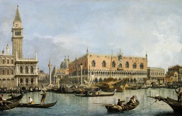 Масло, картина, Венеция, холст, «Вид на мол с дворцом дожей со стороны залива святого Марка», …