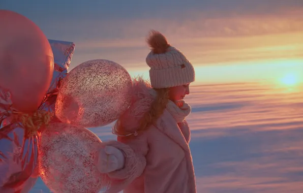 Картинка зима, воздушные шары, шапка, девочка, шубка, Александр Гранкин