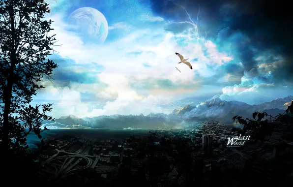 Картинка небо, горы, птицы, город, дерево, молнии, планета, чайки
