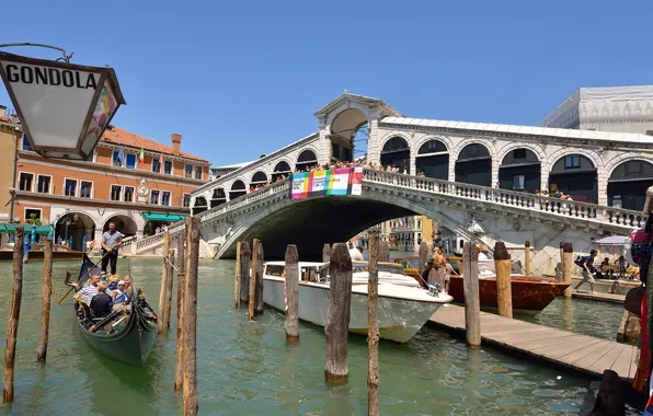 Картинка лодка, дома, Италия, Венеция, канал, гондола, мост Риальто