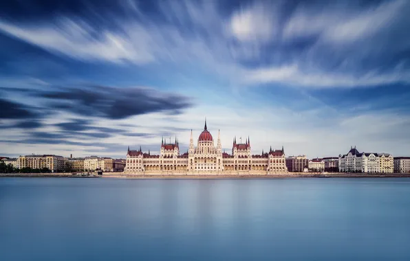 Картинка небо, вода, город, выдержка, Парламент, Венгрия, Будапешт