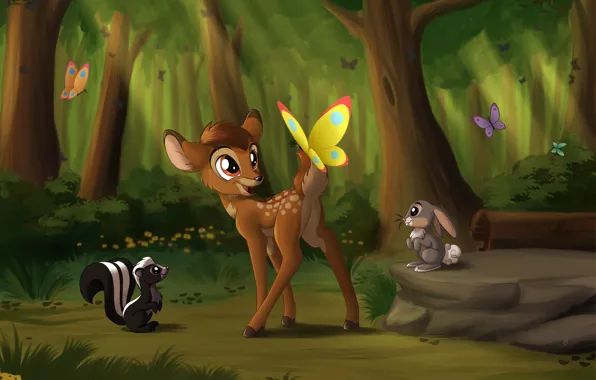 Бабочки, природа, олененок, зайчик, Bambi, скунс, by Sirzi