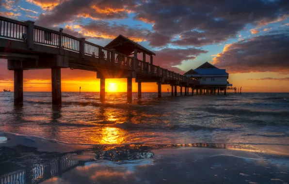 Пляж, закат, пирс, Florida, USА, Clearwater Beach