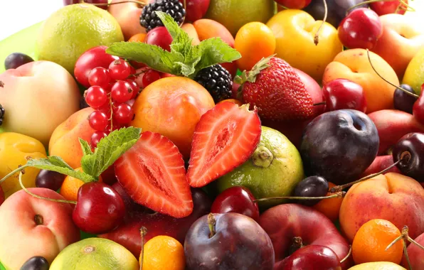 Картинка ягоды, клубника, фрукты, персики, сливы, fresh, черешня, fruits