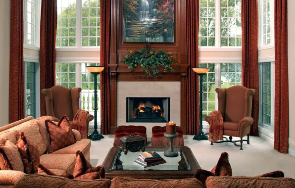 Design, living room, interior, villa, fireplace
