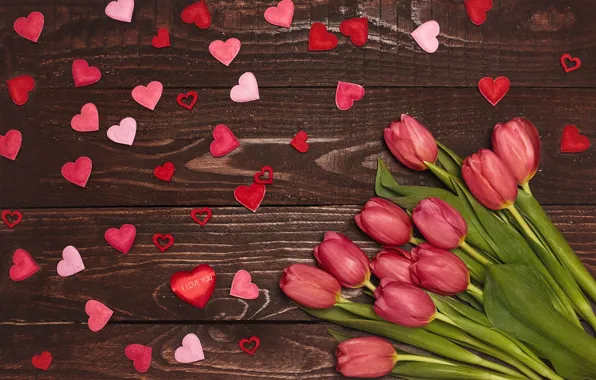 Любовь, букет, сердечки, тюльпаны, красные, red, love, wood
