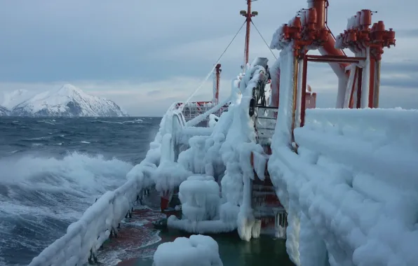 Море, шторм, корабль, обледенение