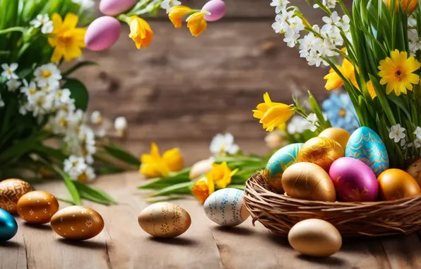 Картинка цветы, яйца, весна, colorful, Пасха, happy, flowers, spring