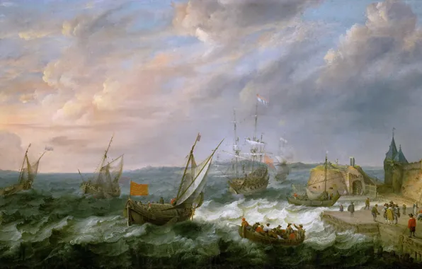 Картинка море, пейзаж, шторм, люди, картина, Adam Willaerts, МОРСКОЙ ПОРТ