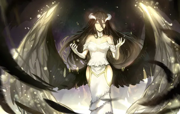 Картинка девушка, магия, крылья, ангел, аниме, арт, рога, Overlord