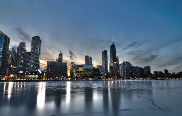 Картинка зима, лёд, небоскребы, Чикаго, панорама, USA, Chicago