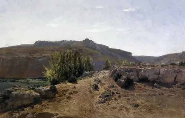 Картинка деревья, горы, природа, камни, картина, Карлос де Хаэс, Пейзаж в Нуэлавосе