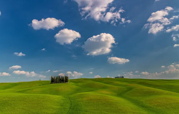 Картинка небо, облака, деревья, холмы, Италия