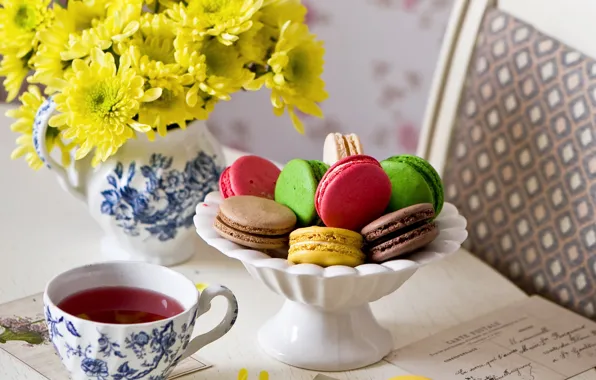 Письмо, цветы, чай, colorful, печенье, хризантемы, десерт, flowers