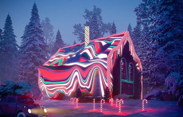 Лес, снег, дом, автомобиль, GINGERBREAD HOUSE