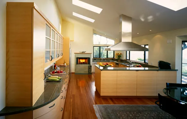 Дизайн, стиль, комната, огонь, еда, интерьер, кухня, камин