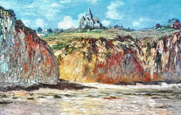 Картинка пейзаж, скалы, картина, Клод Моне, Церковь в Варанжвиле