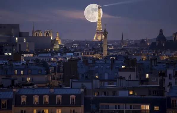 Картинка ночь, город, Париж, Moon Tower