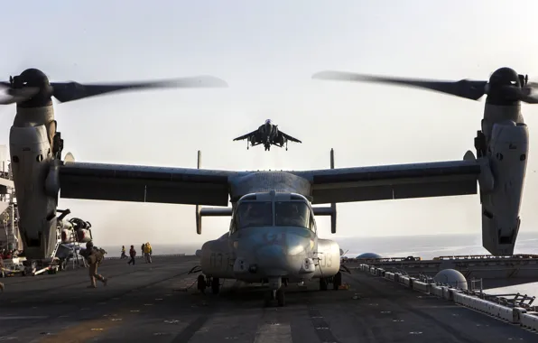 Истребитель, палуба, США, взлёт, ВВС, Harrier, конвертоплан, Osprey