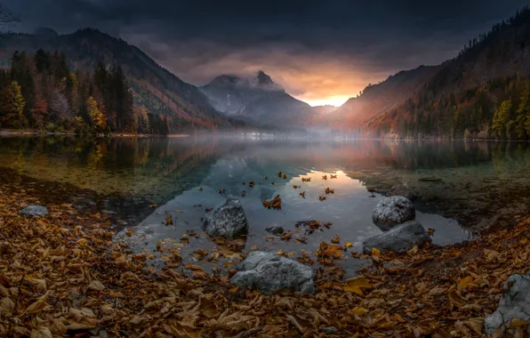 Картинка осень, пейзаж, горы, природа, туман, озеро, отражение, камни