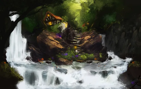 Картинка лес, вода, река, камни, скалы, водопад, рыба, арт