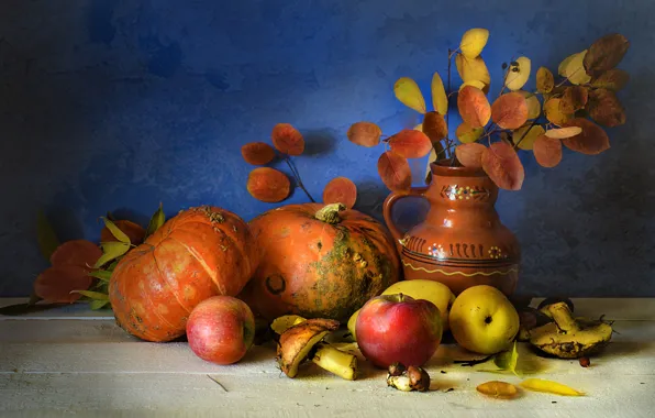 Картинка осень, листья, ветки, грибы, кувшин, фрукты, натюрморт, овощи