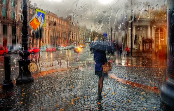 Картинка девушка, капли, дождь, зонт, Санкт-Петербург, Невский, осенний