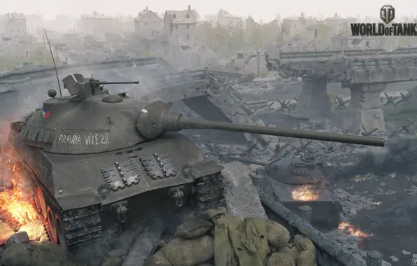 Картинка город, разрушения, танки, World of Tanks, Skoda T50