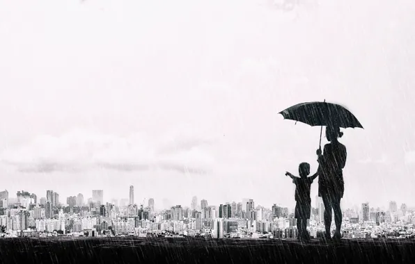 Картинка город, зонтик, дождь, настроение, мальчик, чёрно-белая, панорама, Тайвань
