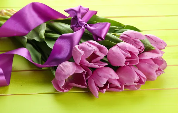 Картинка цветы, букет, лента, тюльпаны, розовые, wood, pink, flowers