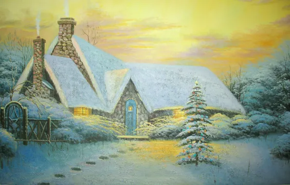 Картинка зима, снег, следы, забор, картина, ёлка, Живопись, коттедж
