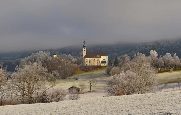 Картинка иней, снег, Германия, склон, Бавария, церковь, Рупольдинг