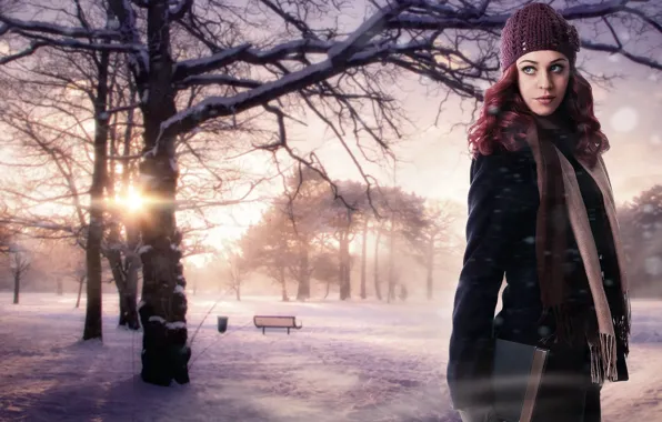 Картинка зима, девушка, солнце, снег, деревья, природа, фон, фантастика
