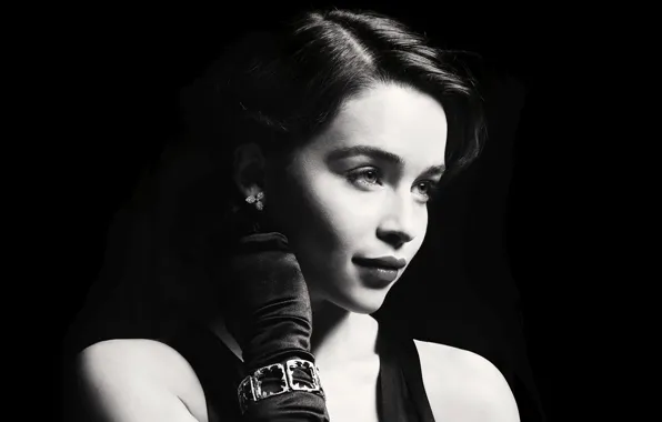 Платье, актриса, перчатки, причёска, нуар, чёрный фон, винтаж, emilia clarke