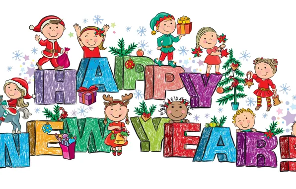 Дети, игрушки, елка, подарки, Happy New Year