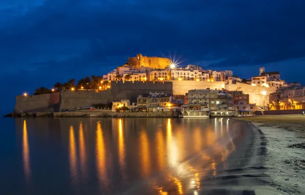 Море, ночь, огни, побережье, фонари, Испания, Castellon, Peniscola