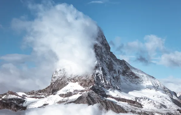 Картинка зима, облака, снег, пейзаж, природа, гора, вершина