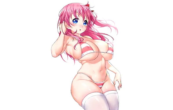 Girl, sexy, cleavage, thighhighs, pink hair, long hair, boobs, anime