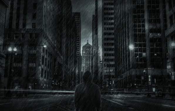 Дождь, улица, человек, небоскребы, Город, куртка