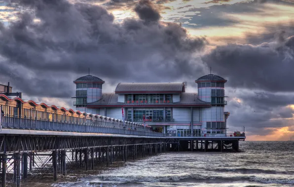 Море, закат, мост, Weston-Super-Mare Pier in HDR