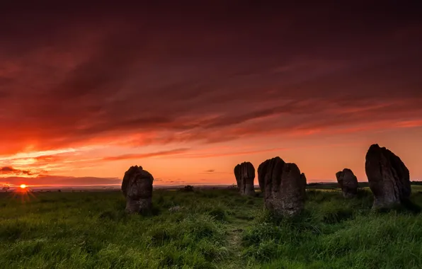 Картинка sunset, cloud, Duddo stone circle
