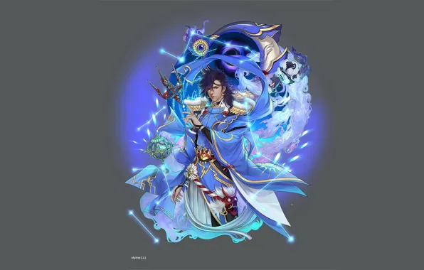 Арт, парень, серый фон, Onmyoji