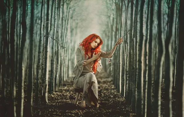 Картинка девушка, деревья, ветки, поза, настроение, руки, тату, рыжая