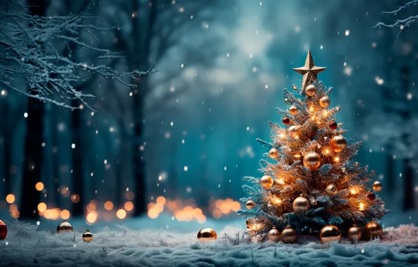 Картинка зима, лес, снег, украшения, ночь, lights, елка, Новый Год
