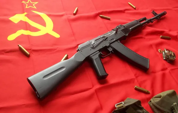 Флаг, СССР, Автомат Калашникова, серп и молот, красная звезда