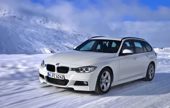 Картинка Зима, Авто, Белый, Снег, BMW, Машина, В Движении, Универсал